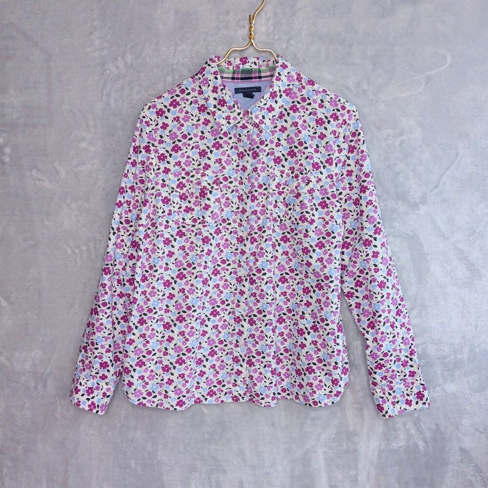 TOMMY HILFIGER Floral Button Up Shirt Size XL Madras Plaid Accents 00s Cotton